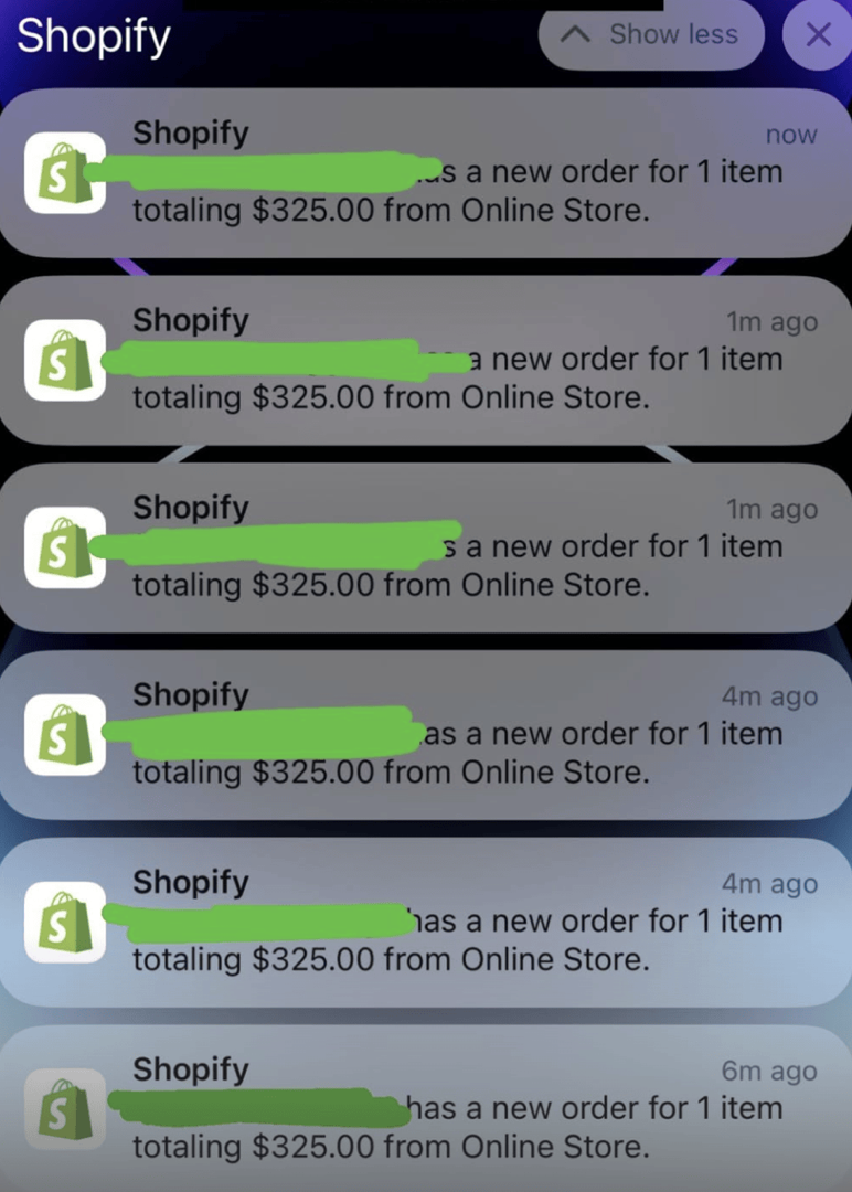 התראות הזמנות חדשות בשופיפיי של $325 כל דקה